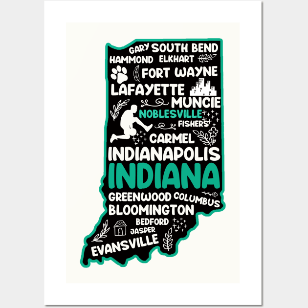 Noblesville Indiana cute map Evansville, Carmel, South Bend, Fishers, Bloomington, Hammond, Gary, Lafayette Wall Art by BoogieCreates